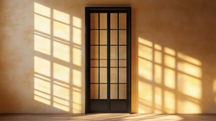 Sunlight streams through window onto interior door.