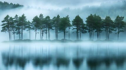 Fototapeta premium Misty Morning Island Pine Trees Reflecting In Still Water