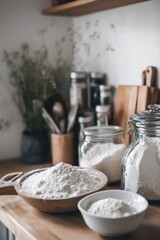 A cozy kitchen with gluten-free baking ingredients, featuring almond flour, coconut flour