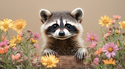 Fototapeta premium A raccoon resting atop a log amidst a sea of daisies and wildflowers against a plain backdrop