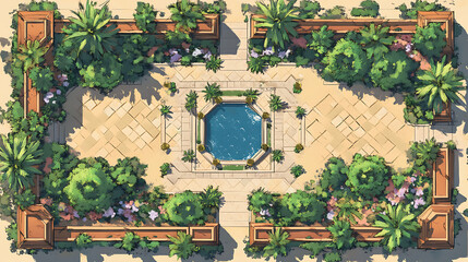 Fototapeta premium Desert Oasis Battle Map Game: Lush Courtyard Top-Down View