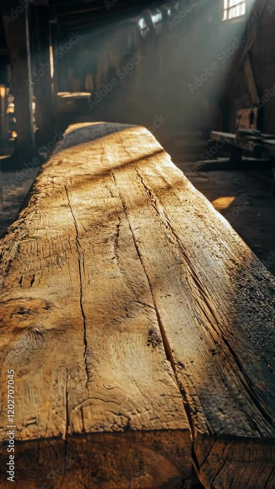 Aufkleber Sunlight streaming through a rustic workshop on a weathered wooden table