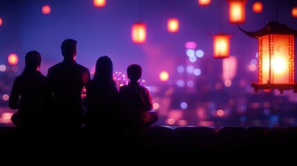 Naklejka premium A serene night scene with four silhouettes watching floating lanterns, illuminated by a vibrant city backdrop and a glowing lantern nearby.