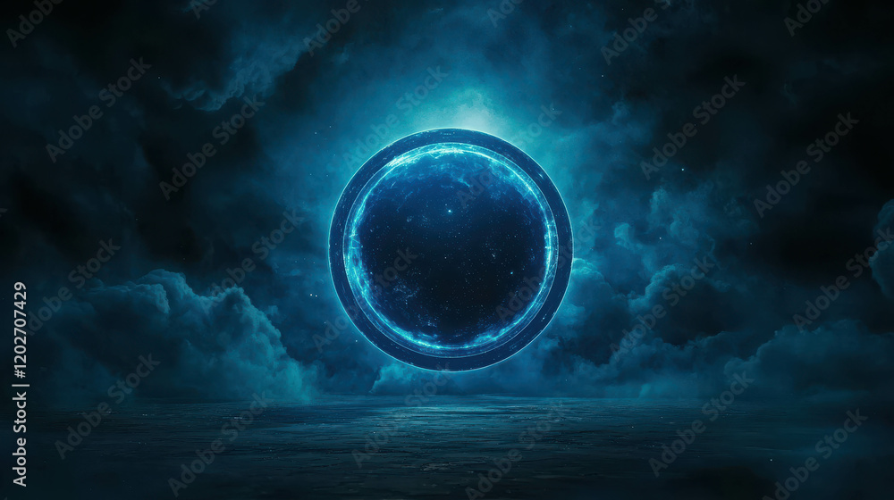 Poster monumental rotating sphere in the vast cosmic void illuminated by ethereal light