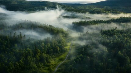 Fototapeta premium Misty morning path through a verdant forest landscape