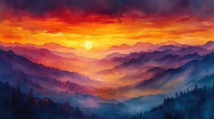 Fototapeta premium A vibrant sunset over layered mountains, showcasing nature's beauty and tranquility.