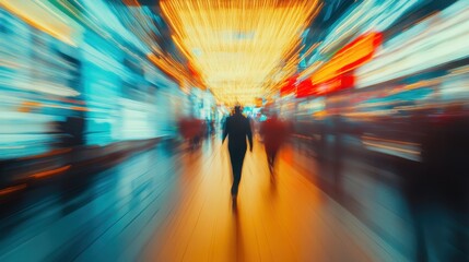 Blurred figure walking through vibrant city lights. Illustrates fast-paced urban life and modern motion.