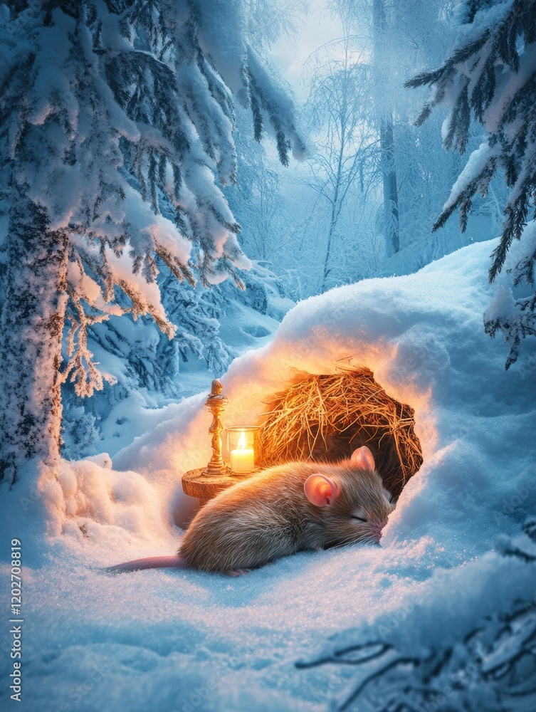 Poster Warmth and solitude in a snowy forest cave with a sleeping mouse and a glowing lantern. Generative AI