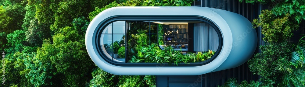 Poster modern architecture merging nature with sleek design elements.