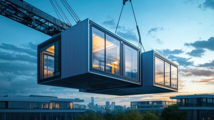 Fototapeta premium Modern architecture showcasing the lifting of a container.