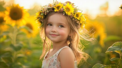 Fototapeta premium A girl with a flower crown dancing in a field of sunflowers, joyful expression, golden hour lighting, scenic background,