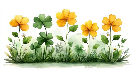 A watercolor illustration of yellow flowers and green leaves, creating a vibrant natural scene.