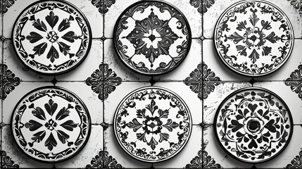 Six decorative plates with black and white floral patterns on a tiled background.