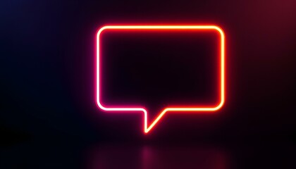 Neon-themed glowing speech bubble in purple and orange hues, set against a dark background with elegant lighting accents.