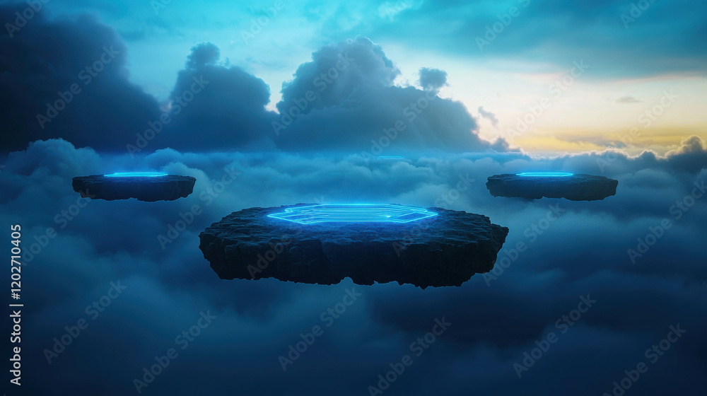 Poster surreal cloudscape with floating islands connected by ethereal light in dreamlike environment