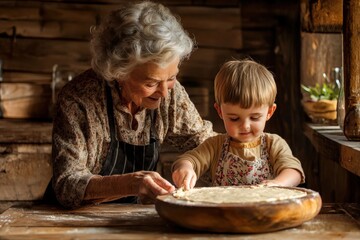 A grandmother teaching her grandchild how to knead dough, happy expressions, warm kitchen lighting, rustic background,