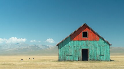 Obraz premium A rustic wooden barn with a colorful roof stands in a vast, open landscape under a clear blue sky.