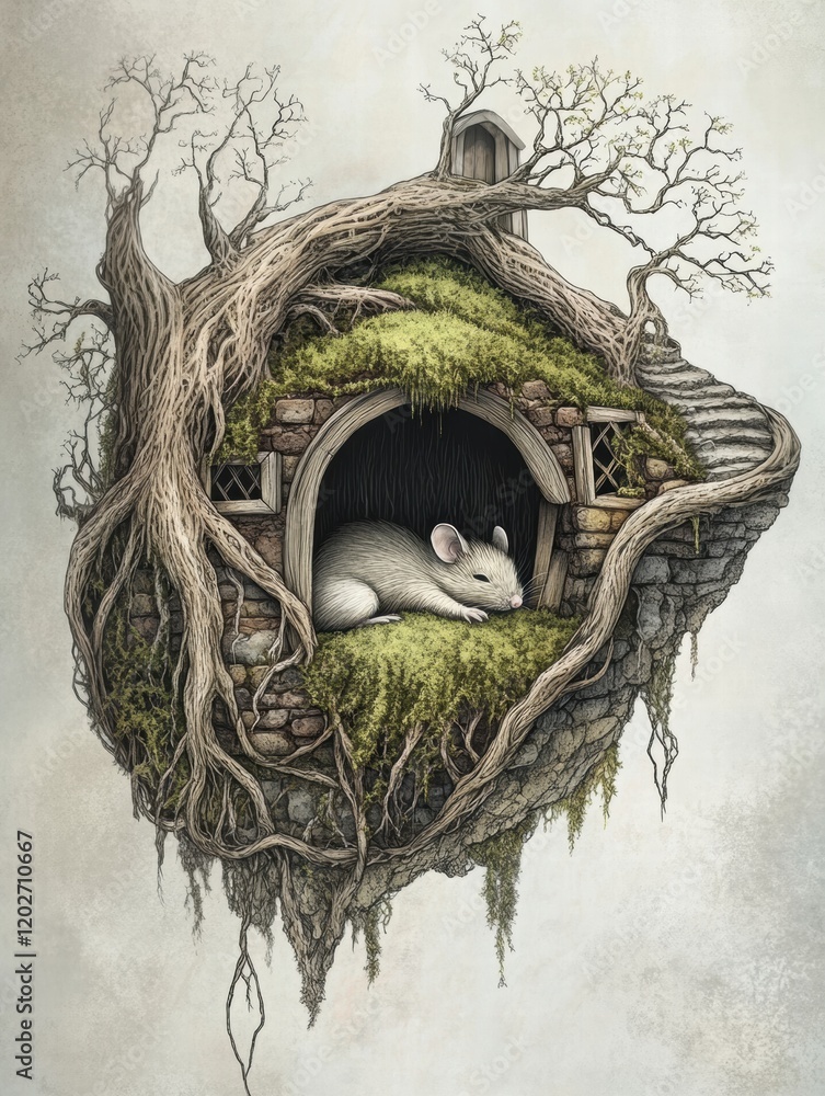 Aufkleber Tiny mouse resting in a whimsical treehouse surrounded by gnarled roots and lush greenery in a serene fantasy setting. Generative AI