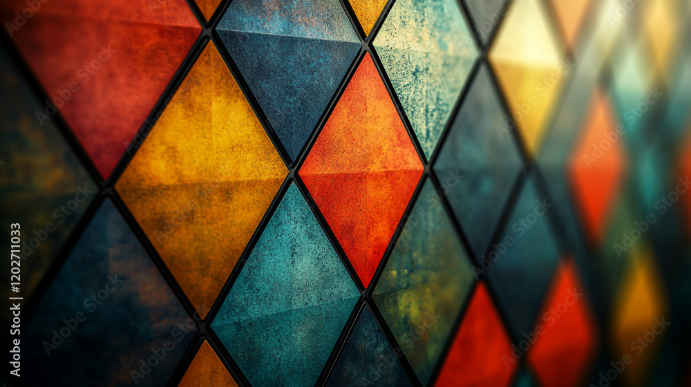 Poster colorful geometric tile pattern with vibrant hues in a modern design setting