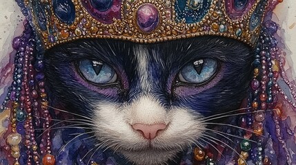 A regal cat adorned with a jeweled crown and colorful beads, showcasing artistic expression.