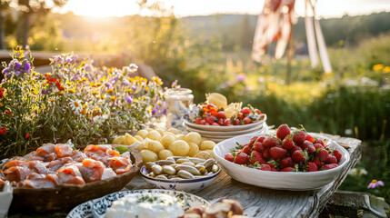 Traditional Swedish Midsummer Celebration with Fresh Food and Colorful Flowers in Nature