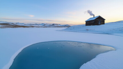 Serene Frozen Lake Surrounded by Gentle Rolling Hills and a Cozy Cabin at Twilight