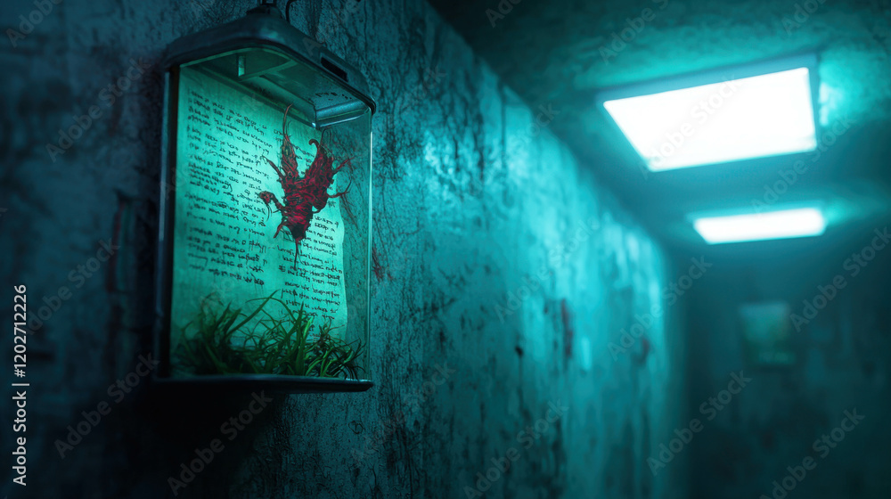 Poster twisted laboratory with floating glass containers and dark mysterious atmosphere