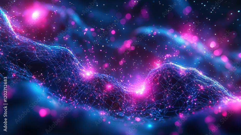 Poster a 3d abstract background with interconnected glowing nodes and lines forming a futuristic digital ne