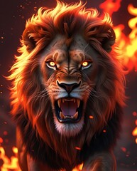 Roaring Lion with Flaming Mane: Fierce Lion in Fire Backdrop, Majestic Fiery Lion Art, Powerful Flaming Lion Portrait, Burning Lion Roar, Intense Lion Fire Image with Flames in Background

