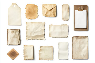 A collection of paper items, including tags, envelopes, and a clipboard