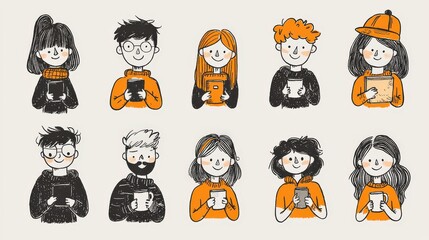 Casual male and female cartoon characters holding everyday items like coffee mugs, smartphones, and books, drawn with simple black lines. A relaxed and approachable mood pervades.