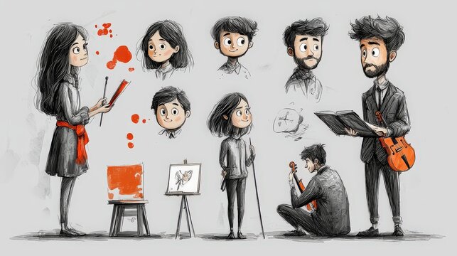 Creative male and female cartoon characters, some painting, others playing instruments or writing, sketched with expressive black lines. An artistic and inspiring atmosphere unfolds.