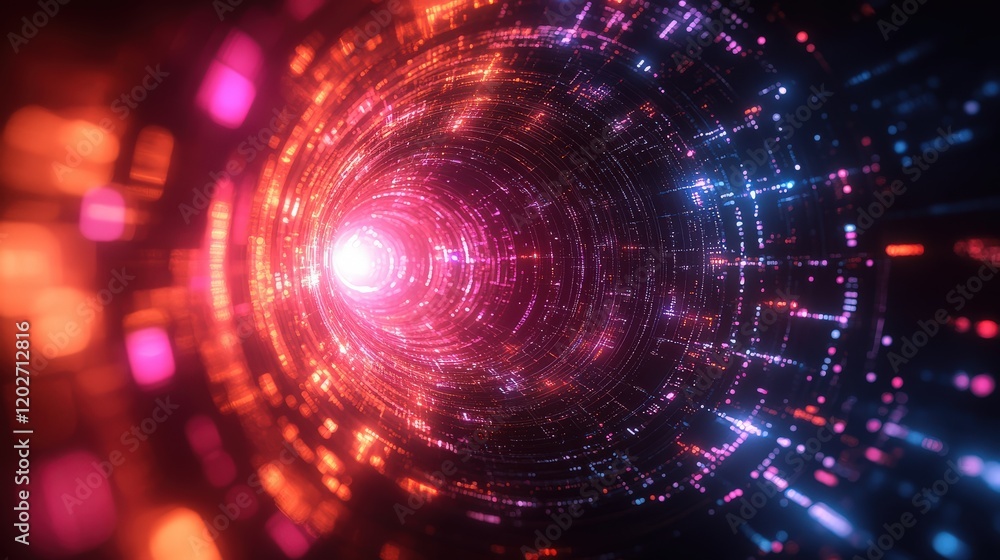 Poster a bold abstract tech design featuring circular data patterns, layered textures, and bright digital h