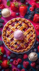 There is a pie with ice cream and berries on a table, food background, vertical background