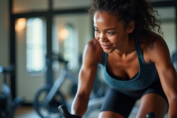 Fototapeta premium Intense Focus on Indoor Cycling - Fit Woman Engaged in Spinning Class with Determined Expression and Sweat in Modern Gym Environment