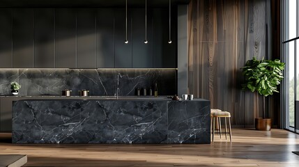 Dark kitchen interior with comfortable sofa, wooden floor, mockup, wall panels and marble island