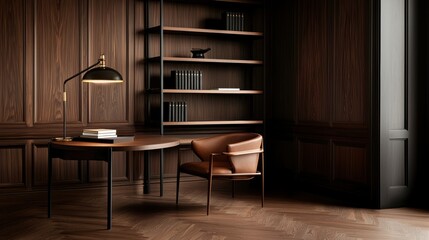 A sophisticated workspace featuring a wooden desk, stylish chair, and modern lamp against dark wooden paneling.