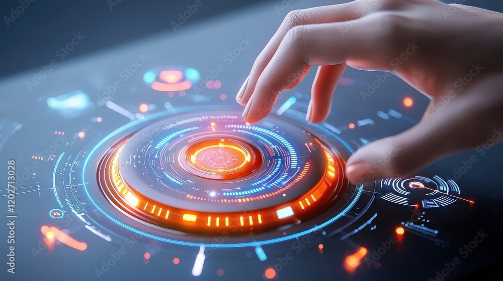 Poster a digital interface design featuring interactive radial menus, subtle light effects, and flowing dig