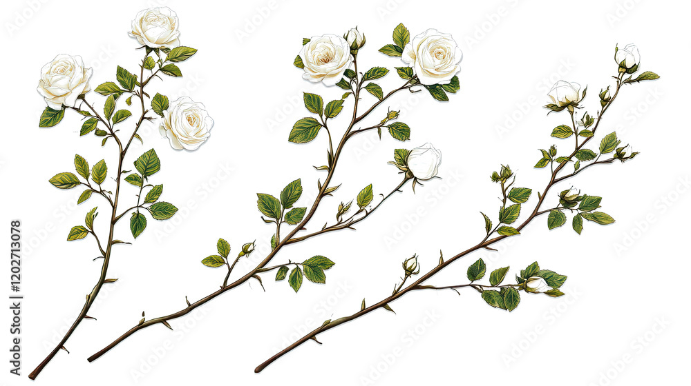 Poster white roses collection on a transparent background generative ai