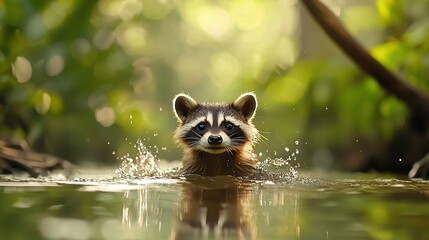   A close-up image of a raccoon in water with tree background and droplets on surface