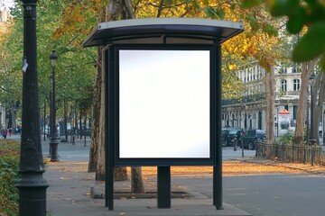 Bus stop billboard Mockup in empty street in Paris. Parisian style hoarding advertisement close to a park in beautiful city