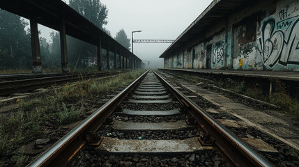 Fototapeta premium Abandoned Train Station with Empty Platforms and Overgrown Tracks in Foggy Landscape