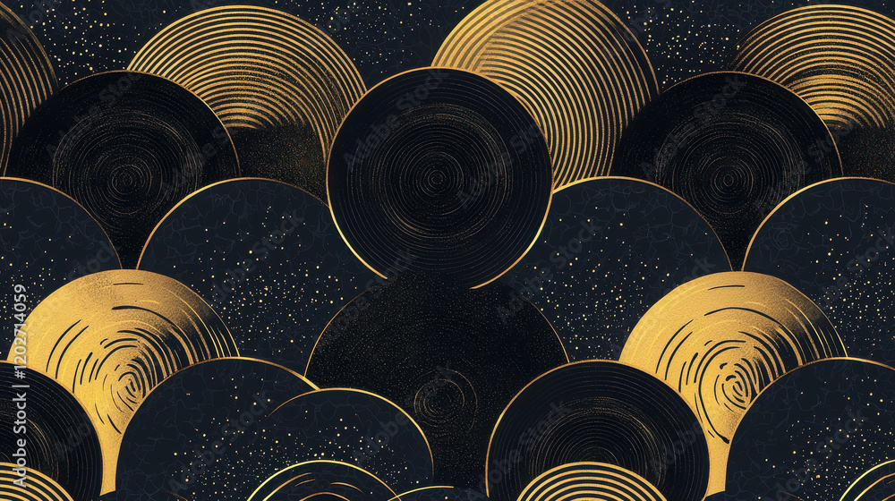 Poster abstract geometric pattern with alternating rows of circles in black and gold tones
