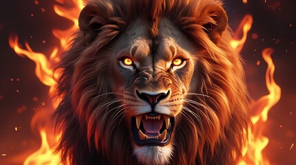 Naklejka premium Roaring Lion with Flaming Mane: Fierce Lion in Fire Backdrop, Majestic Fiery Lion Art, Powerful Flaming Lion Portrait, Burning Lion Roar, Intense Lion Fire Image with Flames in Background