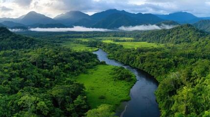 Aerial view of lush rainforest river valley, mountains backdrop, sunrise mist.  Use eco-tourism brochure