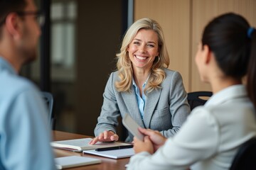Fototapeta premium Professional Business Meeting with Female Executive in Modern Office: Collaborative Teamwork, Communication, Leadership, and Strategic Planning