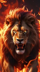 Roaring Lion with Flaming Mane: Fierce Lion in Fire Backdrop, Majestic Fiery Lion Art, Powerful Flaming Lion Portrait, Burning Lion Roar, Intense Lion Fire Image with Flames in Background

