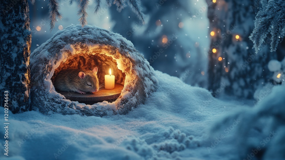 Poster cozy mouse resting by candlelight in a snow covered forest at night during winter. generative ai