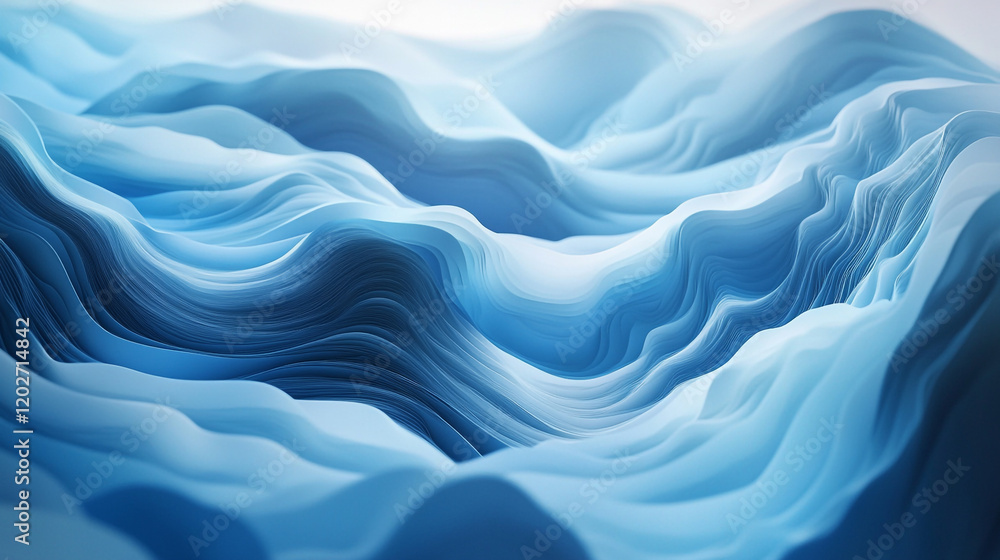 Poster waves of blue forming an abstract pattern in a layered design with gentle curves and textures