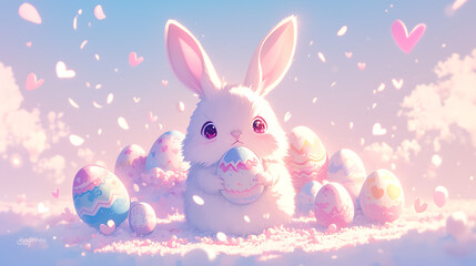 Adorable fluffy bunny holding a decorated Easter egg amidst colorful eggs and heart-shaped confetti